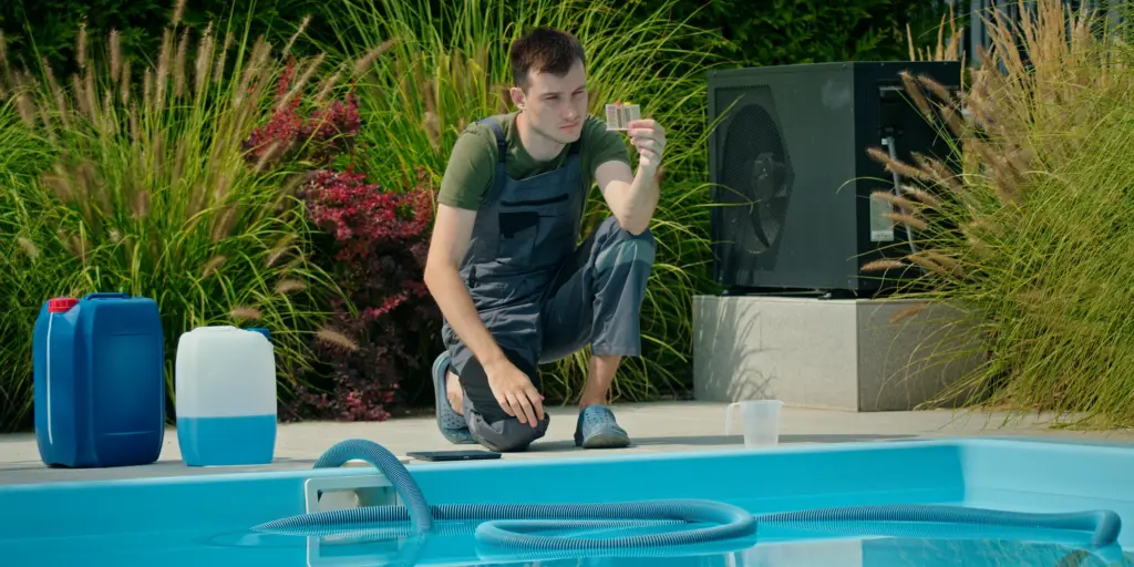 Ein Mann testet Poolwasserqualität mit Chemikalienbehältern und Testkit in einem Garten.