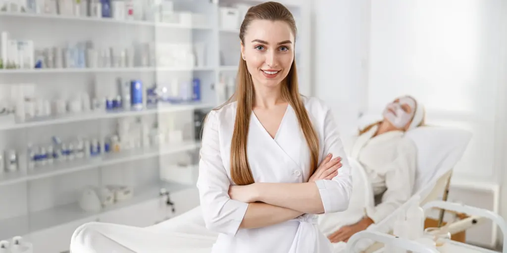 Kosmetikerin in weißem Kittel, lächelnd, vor Kosmetikregal, im Hintergrund Kundin mit Gesichtsmaske liegend.